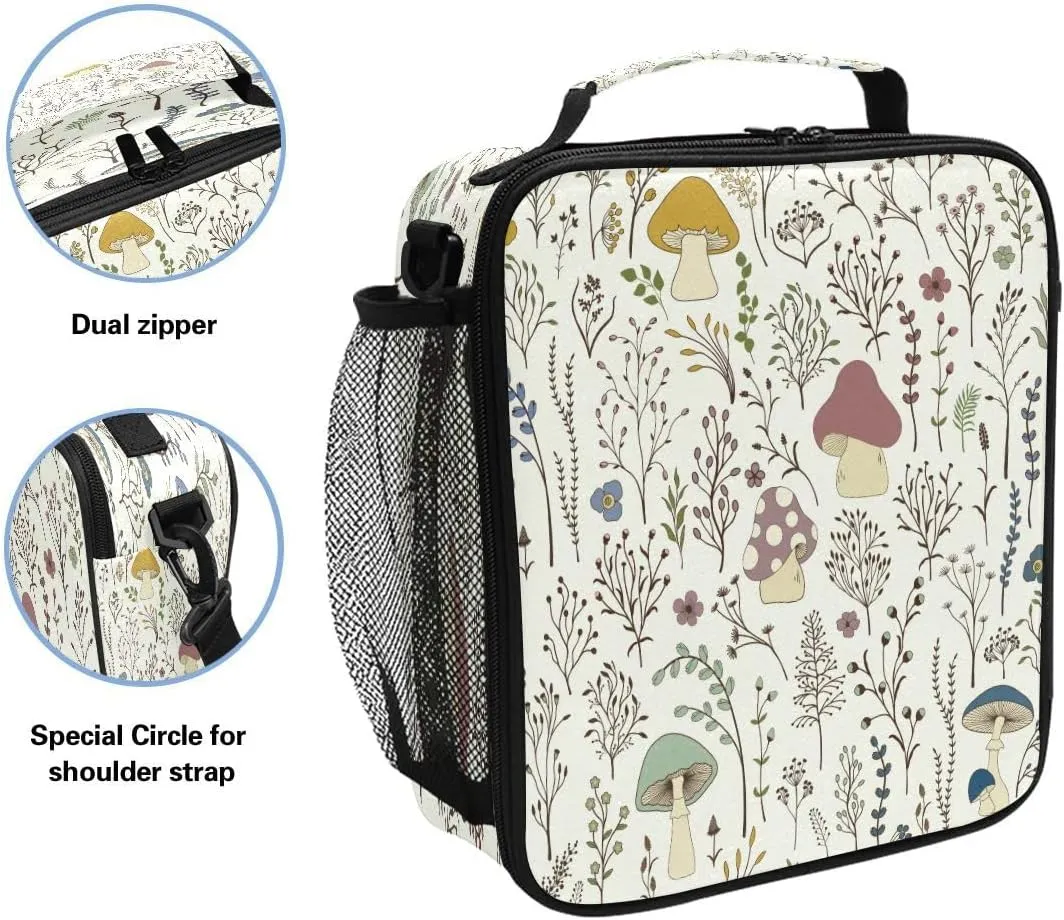 Lunch Box, Mushroom Forest Floral Leaves Prep Kids Cooler Insulated Lunch Bag Tote Freezable Shoulder Strap Waterproof Picnic Meal for School Office