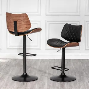 LUNLING Bar Stools Set of 2 Mid Century Modern Adjustable Counter Height Black Leather Upholstered 360°Swivel Bar Chairs for Kitchen Island/Dining Room/Cafe
