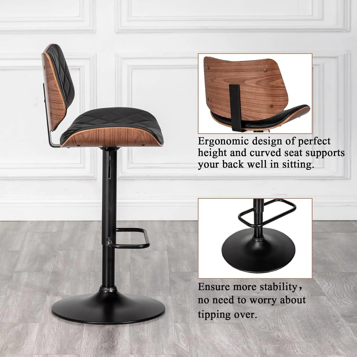 LUNLING Bar Stools Set of 2 Mid Century Modern Adjustable Counter Height Black Leather Upholstered 360°Swivel Bar Chairs for Kitchen Island/Dining Room/Cafe