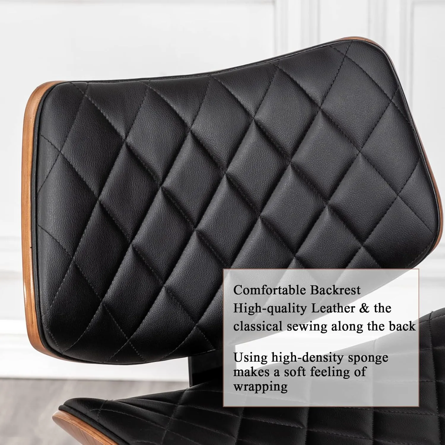 LUNLING Bar Stools Set of 2 Mid Century Modern Adjustable Counter Height Black Leather Upholstered 360°Swivel Bar Chairs for Kitchen Island/Dining Room/Cafe