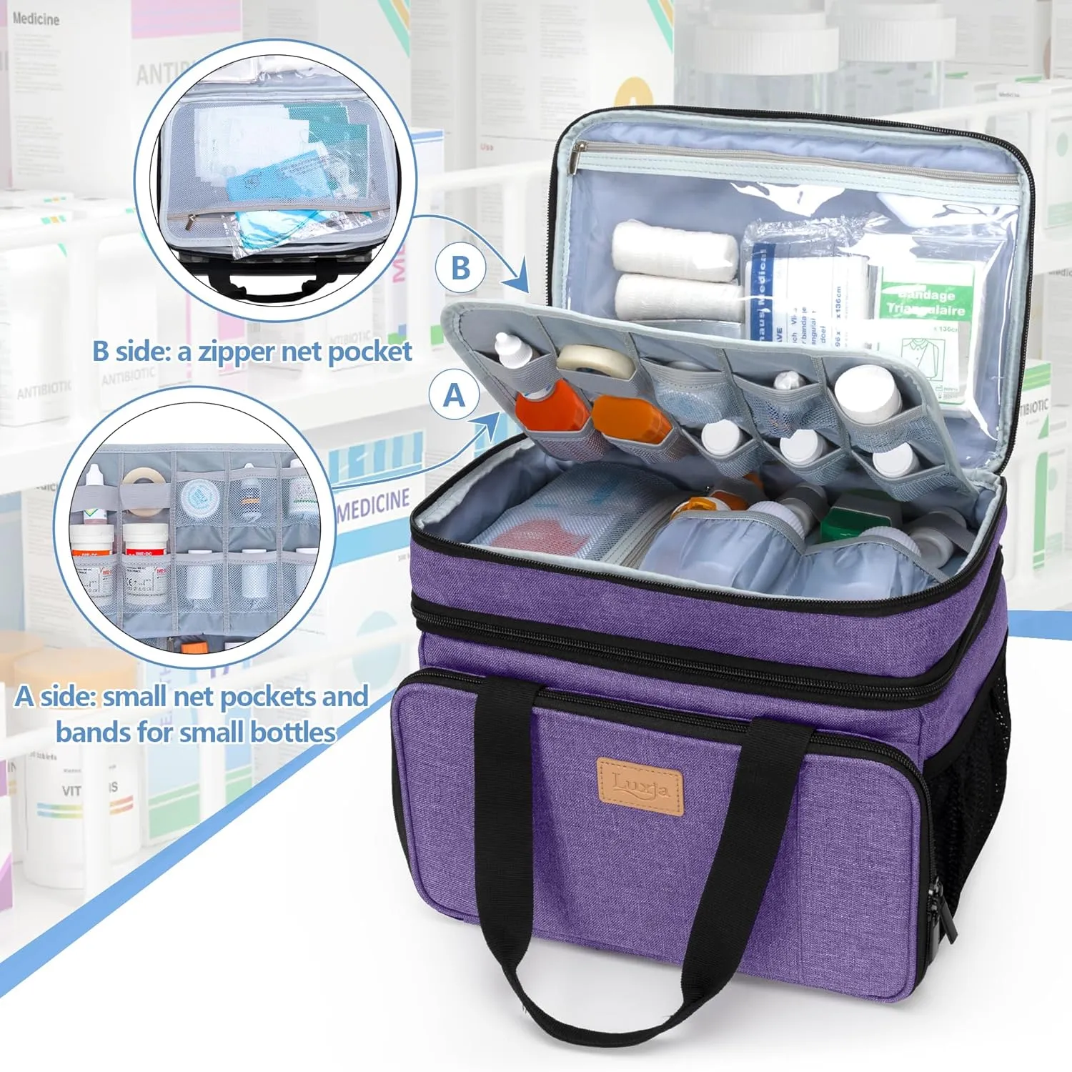 LUXJA 2 Layers Medicine Bag with Detachable Divider, Pill Bottle Organizer Suitable for Home or Travel Use, Purple