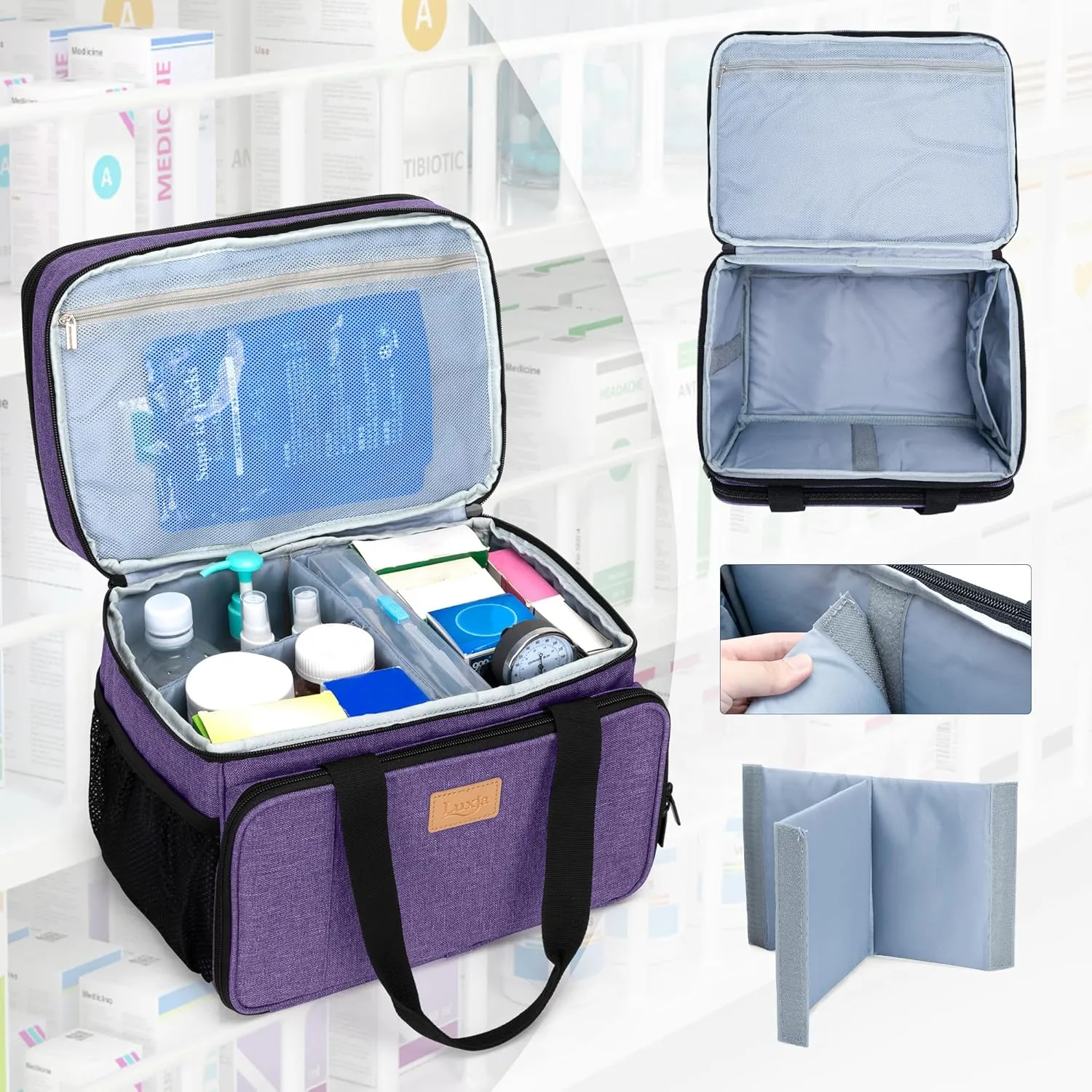 LUXJA 2 Layers Medicine Bag with Detachable Divider, Pill Bottle Organizer Suitable for Home or Travel Use, Purple