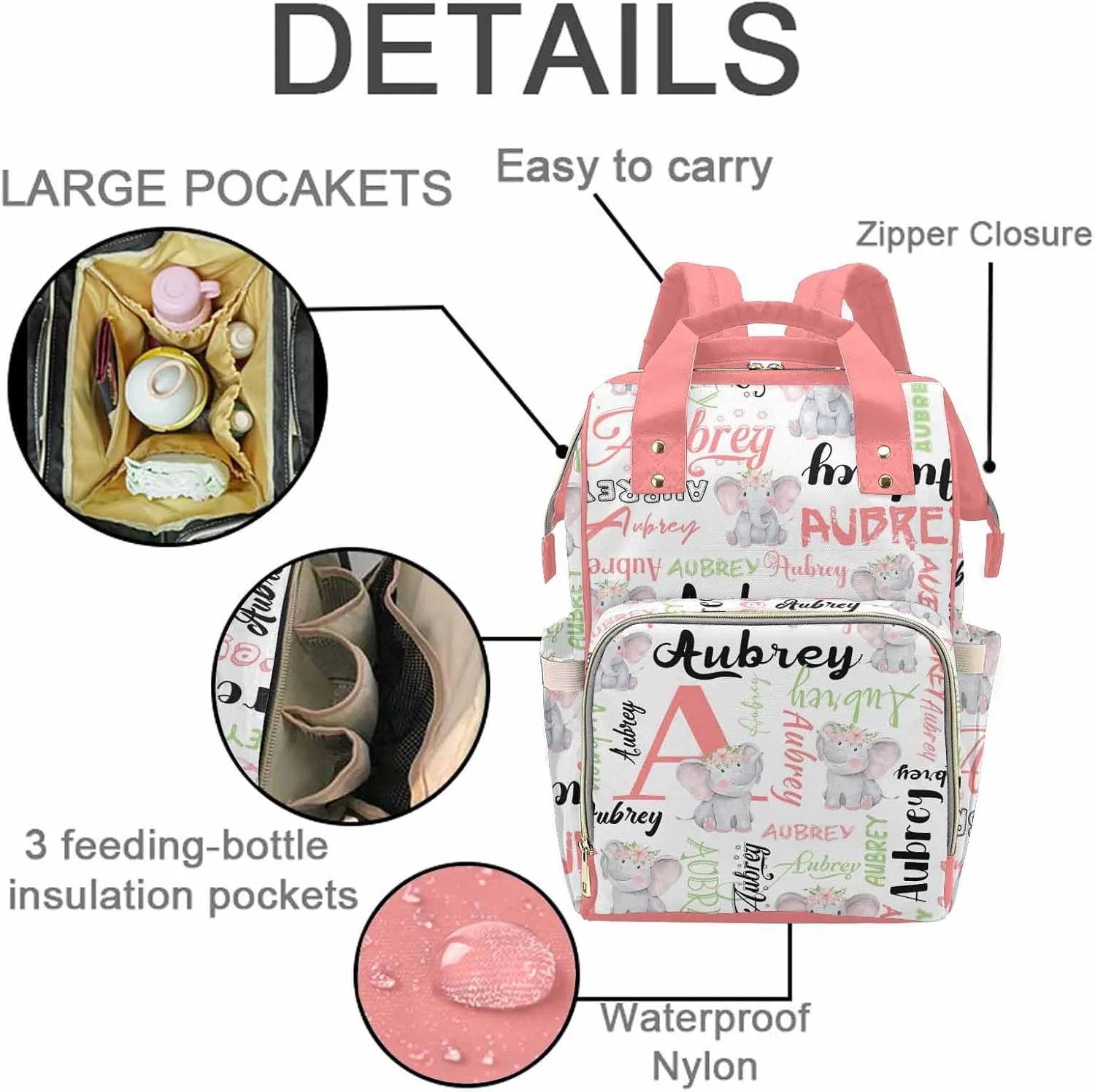 M YESCUSTOM Custom Diaper Bag Backpack for Girls Large Capacity with Pockets Pink Animal Personalized Baby Diaper Bags for Mom Waterproof Nappy Baby Bag with Name Mothers Day Gift