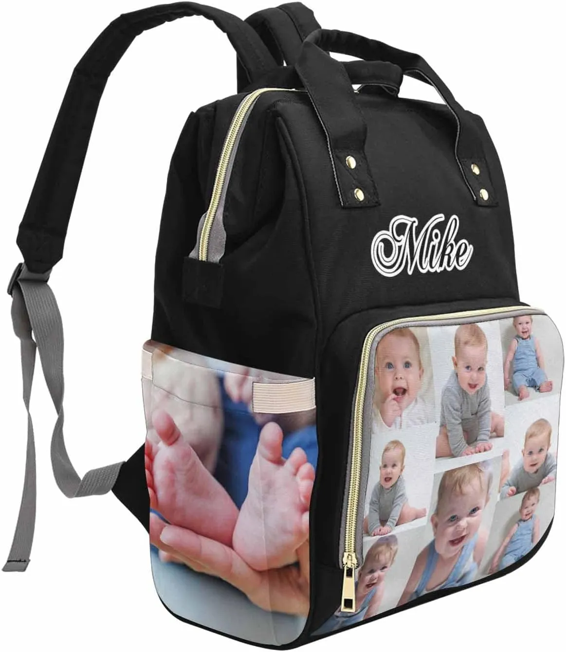 M YESCUSTOM Custom Diaper Bag with Name & Photos for Women Mom Dad, Personalized Black Diaper Backpack with Text Waterproof Nappy Mommy Daypack Bags for Mother's Day New Born Gift