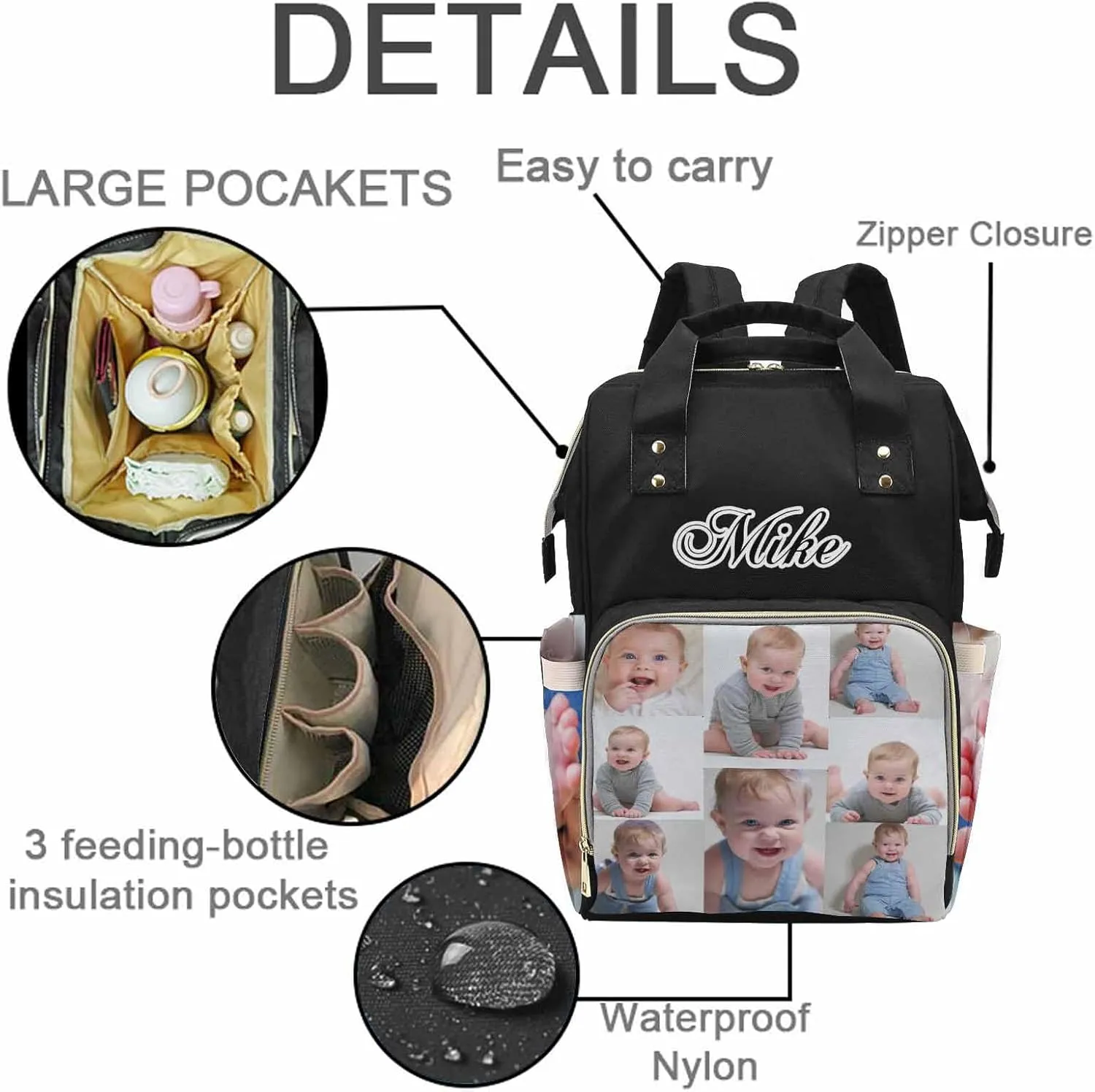 M YESCUSTOM Custom Diaper Bag with Name & Photos for Women Mom Dad, Personalized Black Diaper Backpack with Text Waterproof Nappy Mommy Daypack Bags for Mother's Day New Born Gift