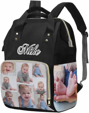 M YESCUSTOM Custom Diaper Bag with Name & Photos for Women Mom Dad, Personalized Black Diaper Backpack with Text Waterproof Nappy Mommy Daypack Bags for Mother's Day New Born Gift