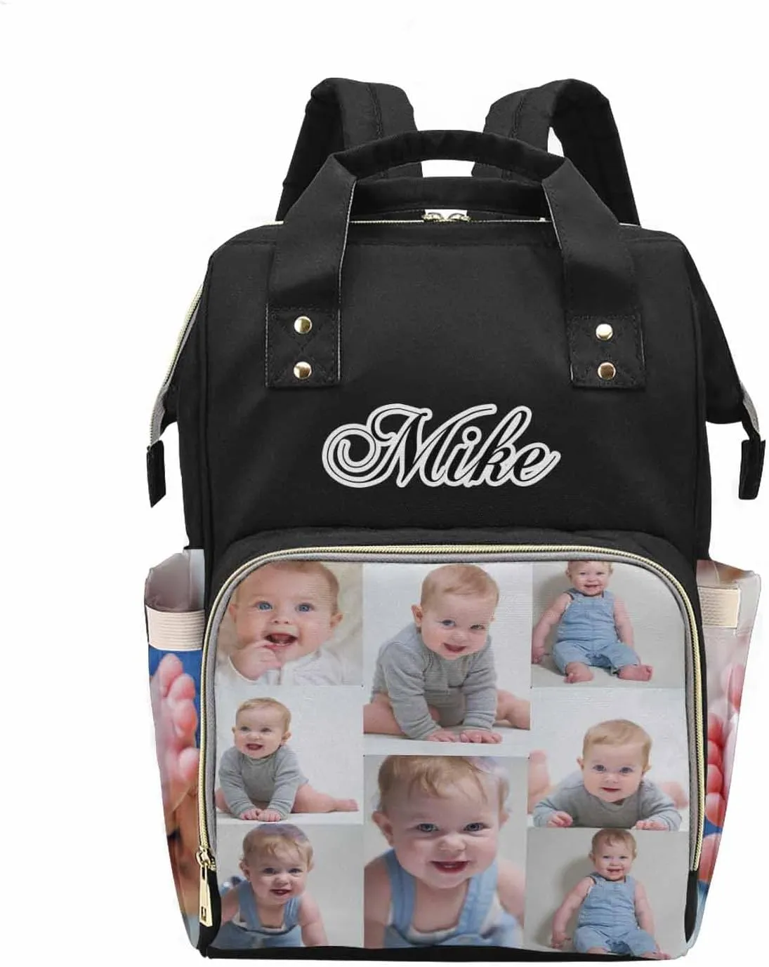 M YESCUSTOM Custom Diaper Bag with Name & Photos for Women Mom Dad, Personalized Black Diaper Backpack with Text Waterproof Nappy Mommy Daypack Bags for Mother's Day New Born Gift