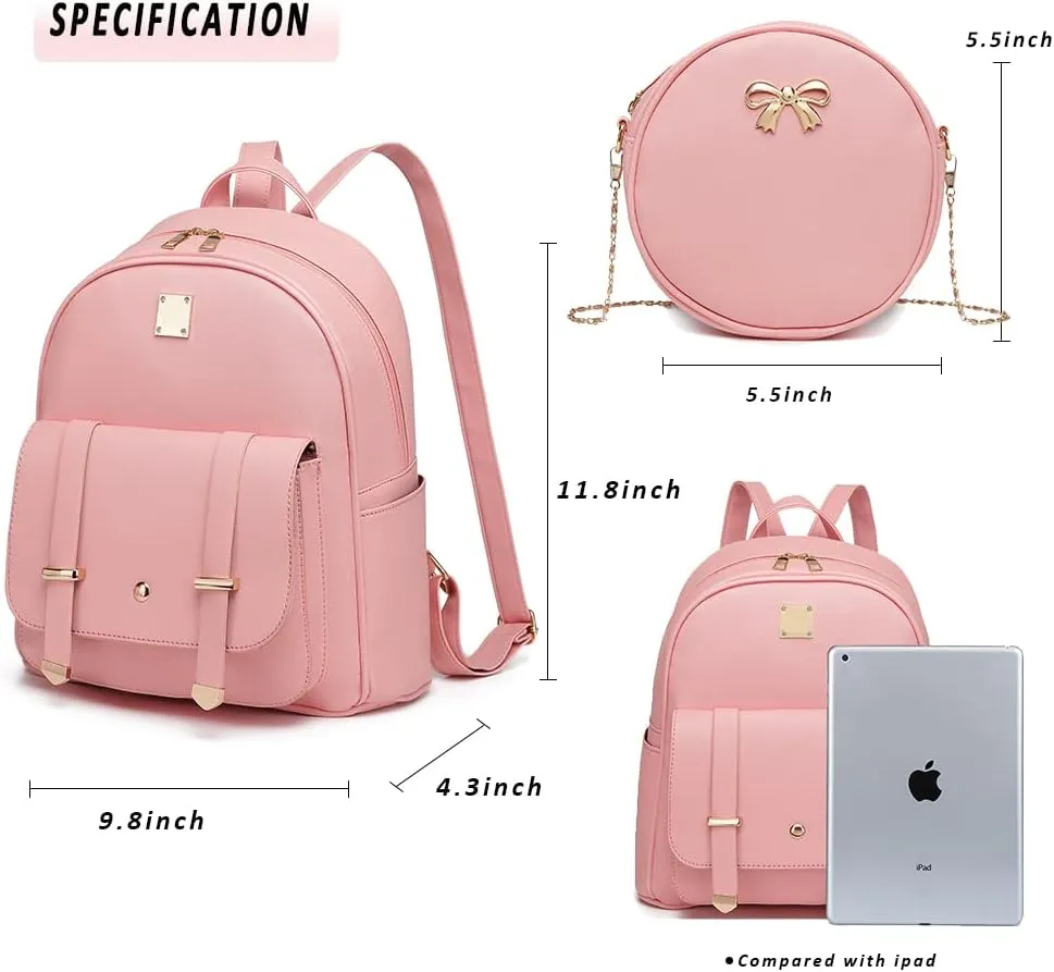 MACCINELO Cute Leather Mini Backpack Purse for Women Bowknot Small Backpack for Girls gift Rucksack Ladies Shoulder Bag 3pcs