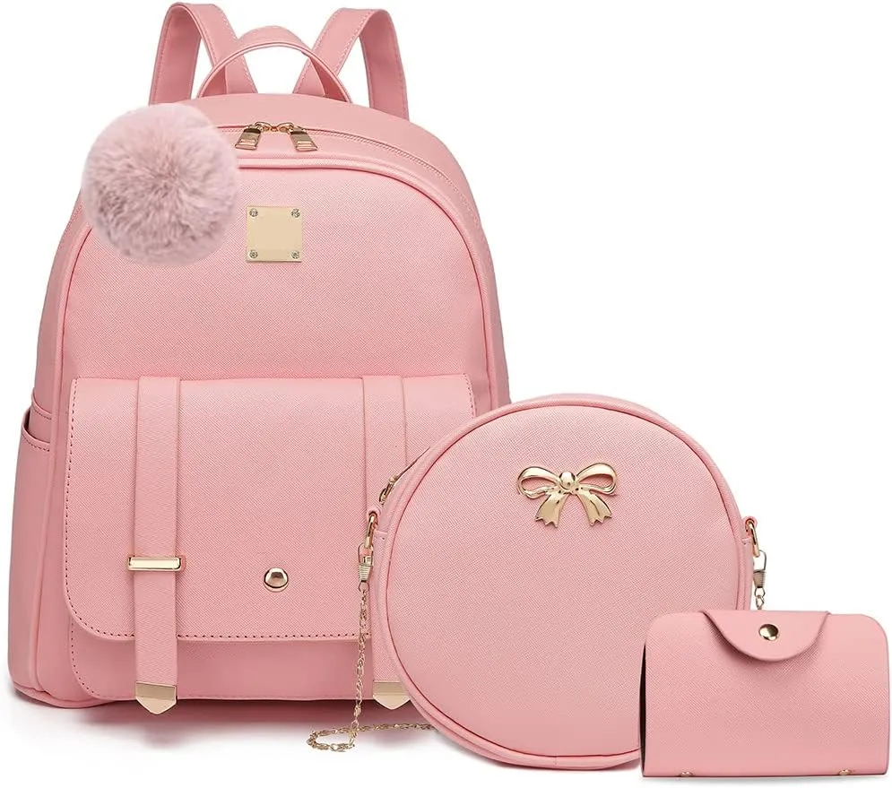 MACCINELO Cute Leather Mini Backpack Purse for Women Bowknot Small Backpack for Girls gift Rucksack Ladies Shoulder Bag 3pcs