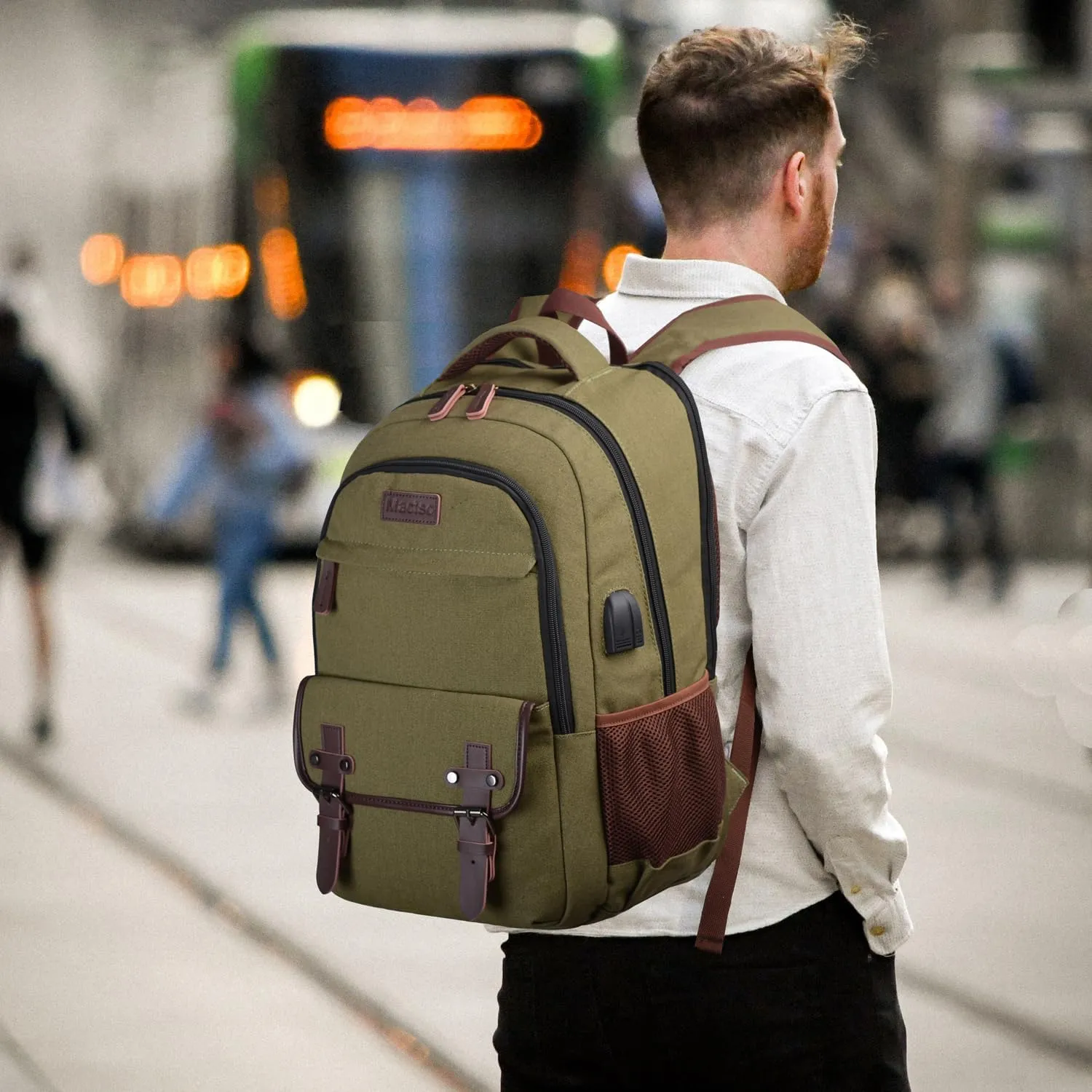 Mactso Canvas Travel Laptop Backpack for Men Women, Business Work Rucksack College School Computer Bag Fits 15.6 Inch Notebook,Bookbag with USB Charging Port (Green, 15.6 Inch)