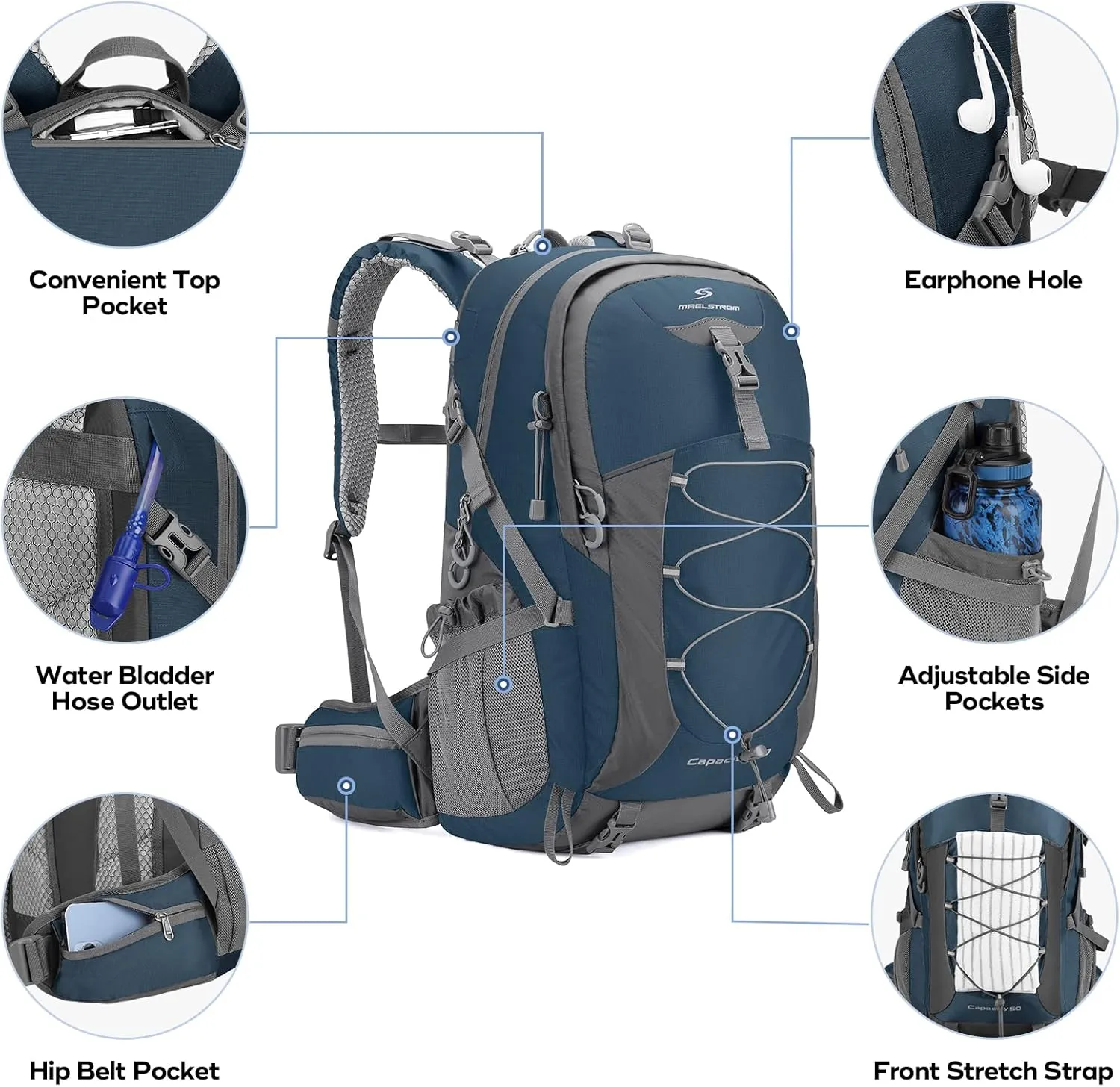 Maelstrom Hiking Backpack,Camping Backpack,50L Waterproof Hiking Daypack with Rain Cover,Lightweight Travel Backpack,Blue