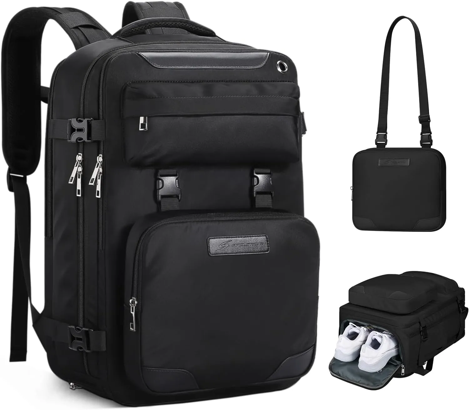 Maelstrom Travel Backpack for Women Men,25L Laptop Backpack Fits 17-Inch Laptop,Waterproof Carry On Backpack for Airplanes with Detachable Crossbody Bag&Shoe Compartment,Black, Medium