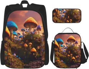 Magic Mushroom Print Pocket Backpack,Pencil Case And Lunch Bag Set For Men And Women,Large Capacity