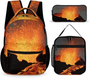Magma Volcanoes Eruption Unisex 3 Pcs Backpack Combination Set 16 in Daypack Insulated Lunch Bag Portable Pencil Case