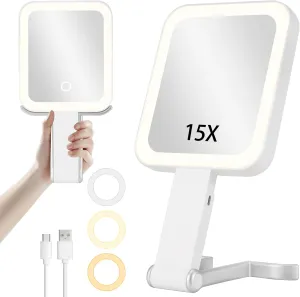 Magnifying Mirror with Light, Rechargeable 1X/15X Magnification Lighted Makeup Mirror Double Sided, Portable Travel Makeup Mirror with 3 Color Lights, Brightness Adjustable Handheld Mirror Tabletop