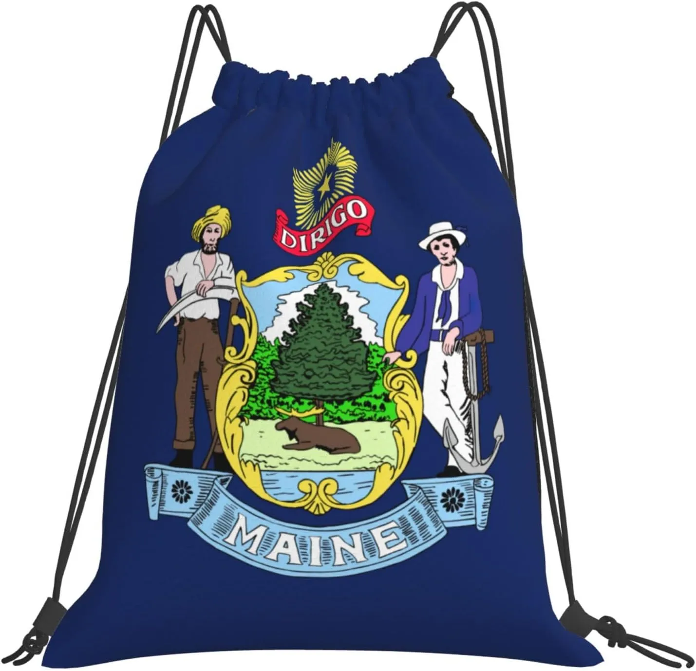 Maine State Flag Print Drawstring Backpack Outdoor Portable Backpack Lightweight Sports Bag For Travel, Gym