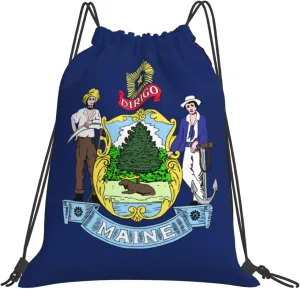Maine State Flag Print Drawstring Backpack Outdoor Portable Backpack Lightweight Sports Bag For Travel, Gym
