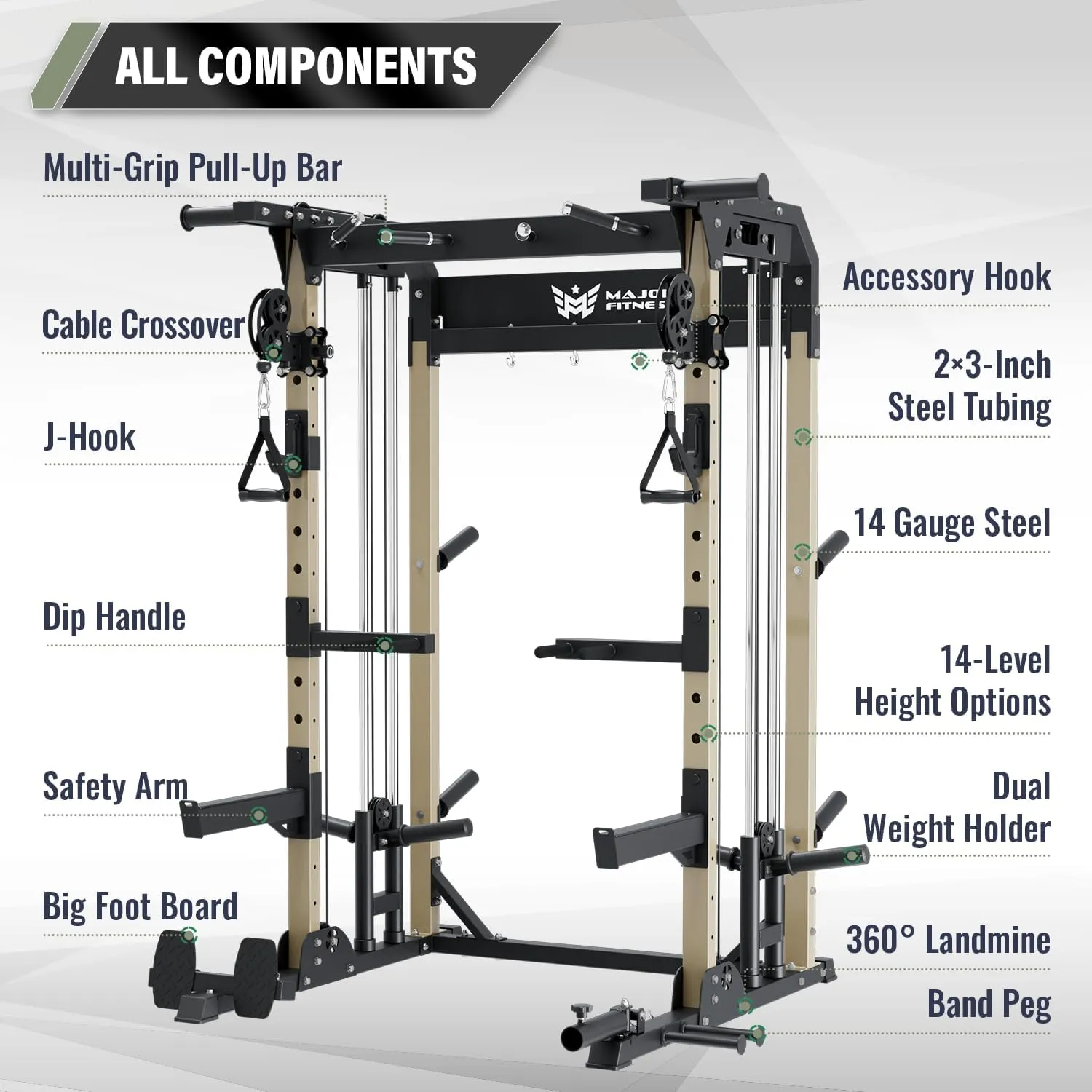 MAJOR FITNESS F22 Multi-Functional Power Rack—1600lbs Capacity All-in-One Squat Rack with Dual Pulley System for Home Gym Strength Training