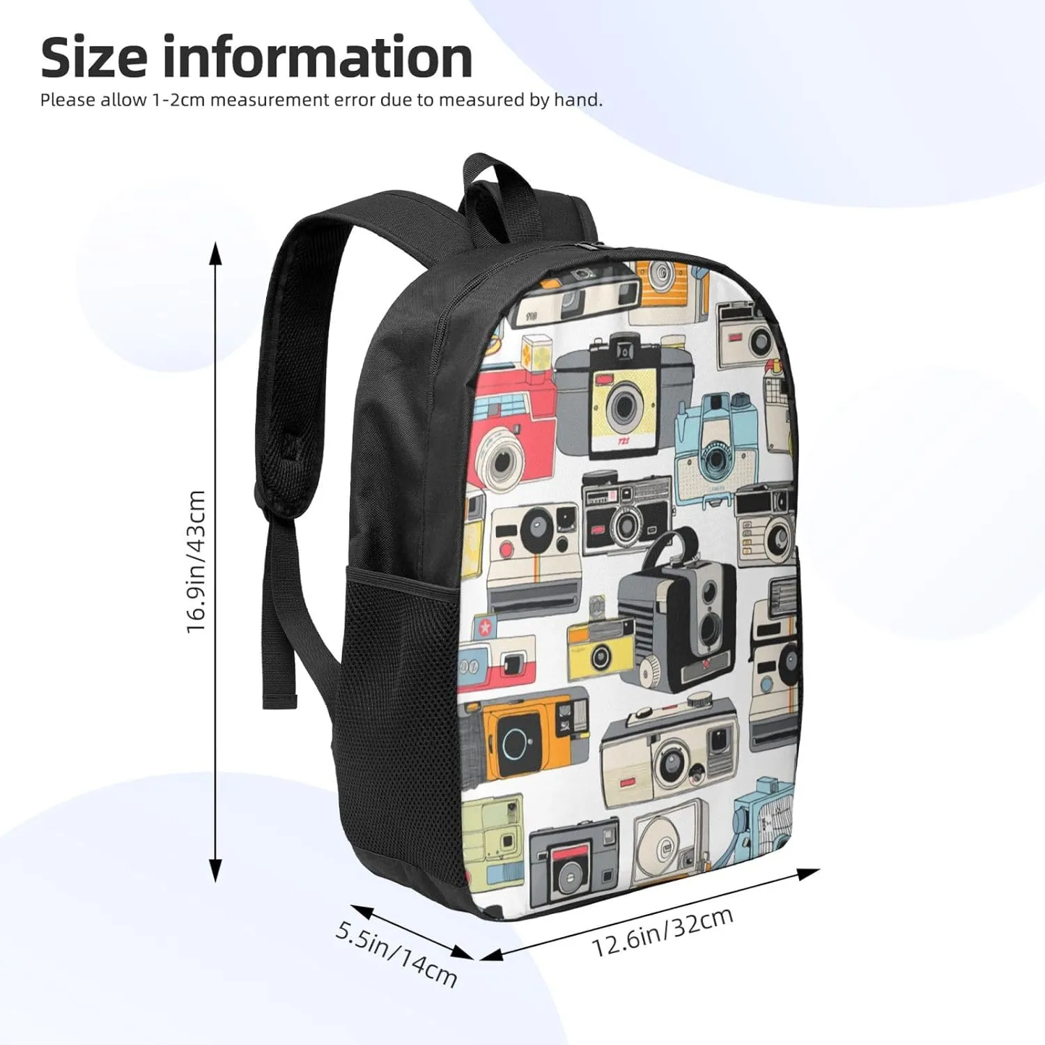 Make It Snappy! Camera Illustrations Analog Photography Film Backpack, 17 Inch Travel Business Laptop Backpack For Women Men