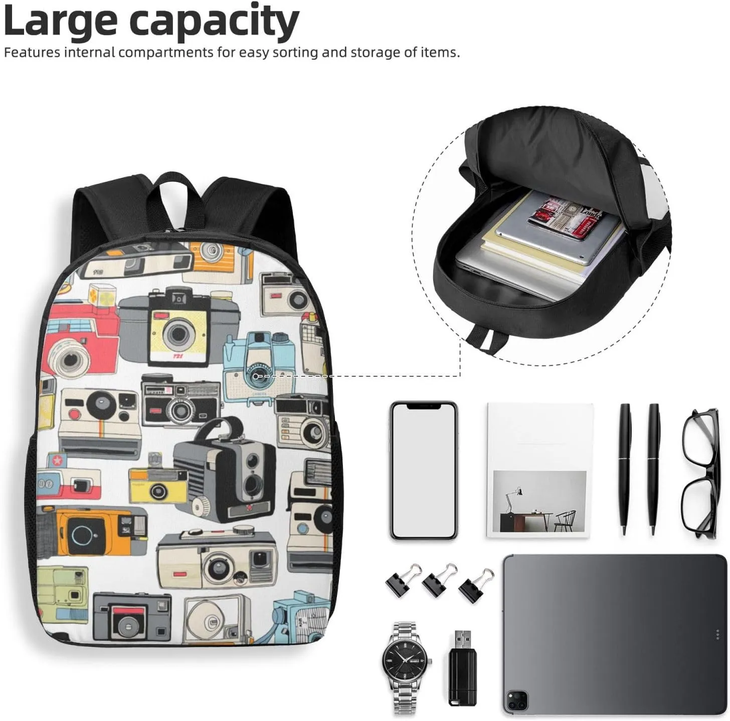 Make It Snappy! Camera Illustrations Analog Photography Film Backpack, 17 Inch Travel Business Laptop Backpack For Women Men
