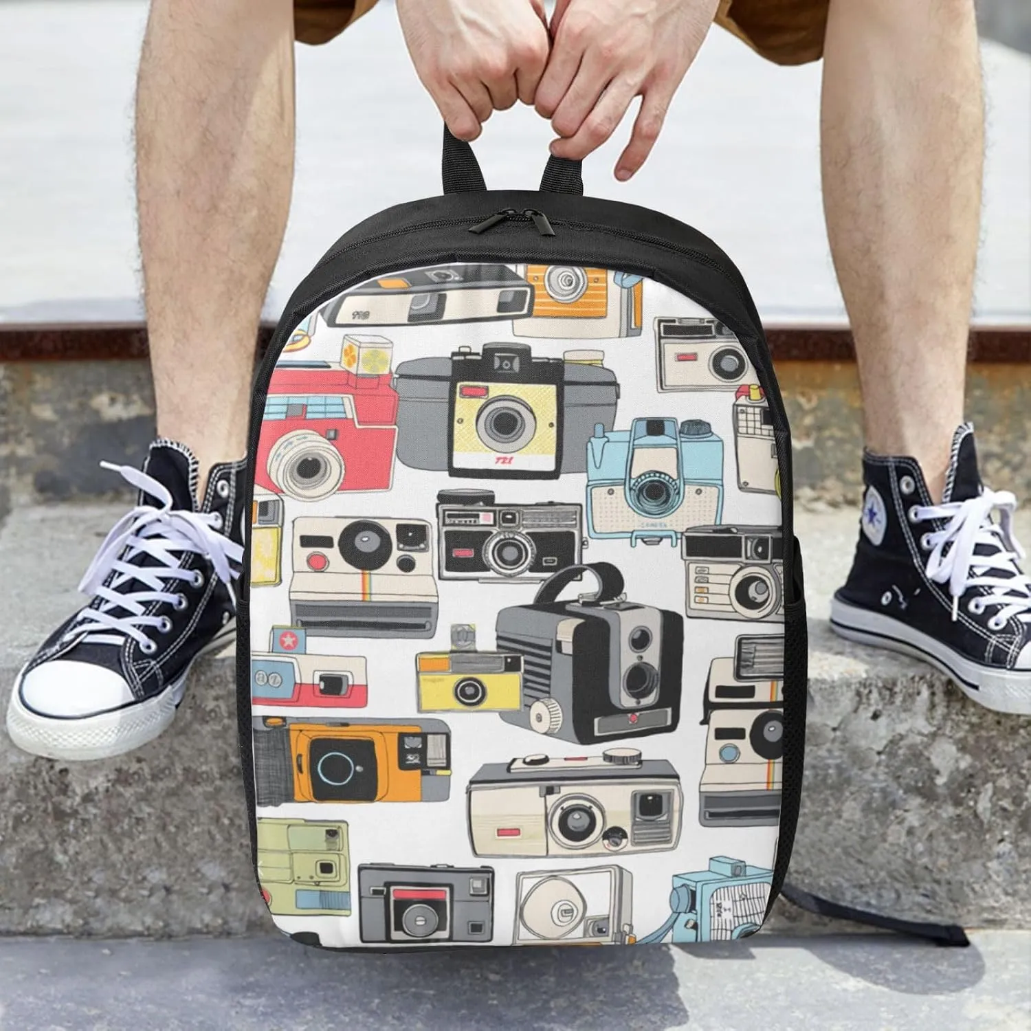 Make It Snappy! Camera Illustrations Analog Photography Film Backpack, 17 Inch Travel Business Laptop Backpack For Women Men