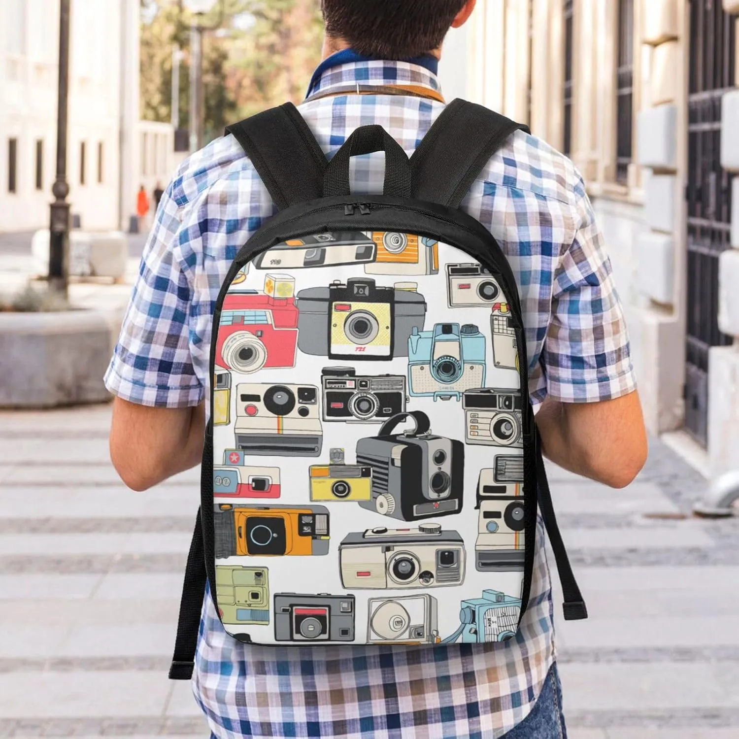 Make It Snappy! Camera Illustrations Analog Photography Film Backpack, 17 Inch Travel Business Laptop Backpack For Women Men