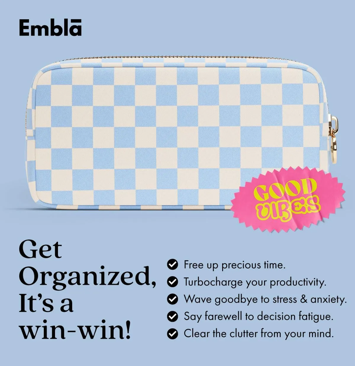 Makeup Bag Travel Cosmetics Pouch and Toiletry Bag, Nylon Zipper Pouch Purse, Cute Make Up Organizer Storage Tote for Women Girls, Travel Skincare Case, Small Makeup Case, Sky Checkered