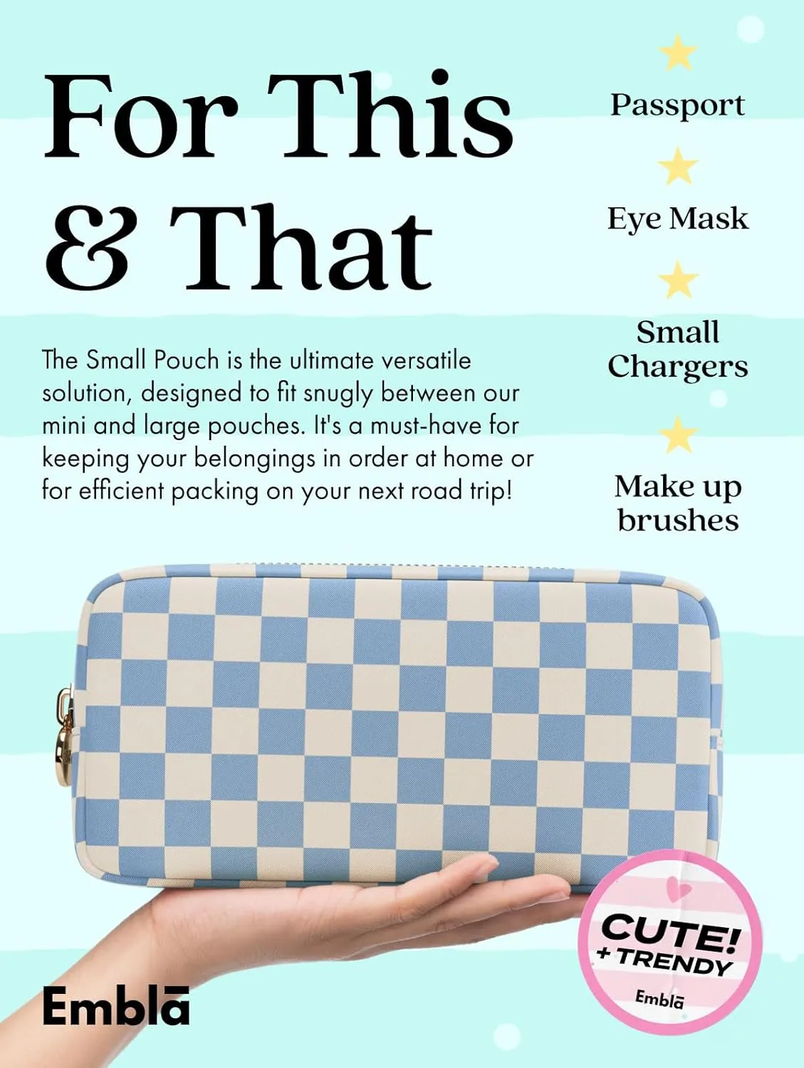 Makeup Bag Travel Cosmetics Pouch and Toiletry Bag, Nylon Zipper Pouch Purse, Cute Make Up Organizer Storage Tote for Women Girls, Travel Skincare Case, Small Makeup Case, Sky Checkered