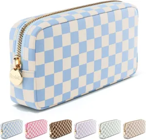 Makeup Bag Travel Cosmetics Pouch and Toiletry Bag, Nylon Zipper Pouch Purse, Cute Make Up Organizer Storage Tote for Women Girls, Travel Skincare Case, Small Makeup Case, Sky Checkered