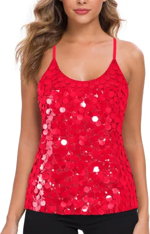 MANER Women’s Sequin Tops Glitter Party Strappy Tank Top Sparkle Cami