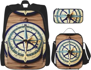 Maritime Sailboat Compass Print Unisex Stylish Travel Backpack Set With Insulated Lunch Bag,Adjustable Straps