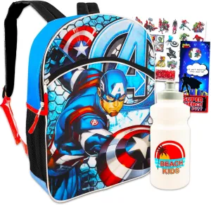 Marvel Captain America Backpack Set For Boys - Bundle with 16" Avengers Captain America, Tattoos, & More | Captain America School Bag for Kids