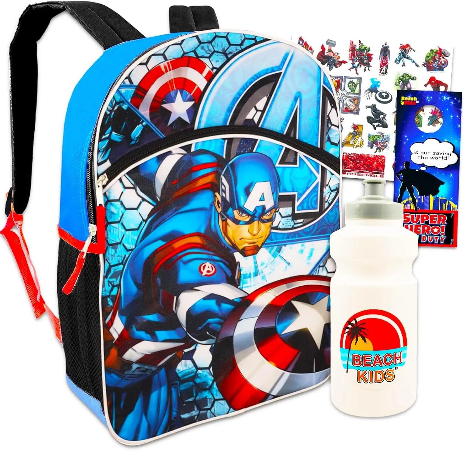 Marvel Captain America Backpack Set For Boys - Bundle with 16" Avengers Captain America, Tattoos, & More | Captain America School Bag for Kids