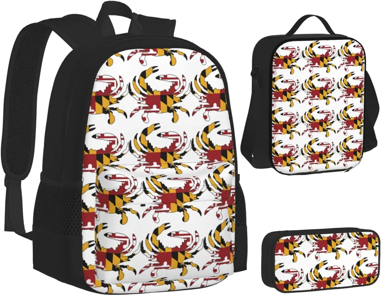 maryland flag Crab Multifunctional Pocket Backpack Crossbody Lunch Bag Pencil Case 3Pcs Set Large Capacity Backpack