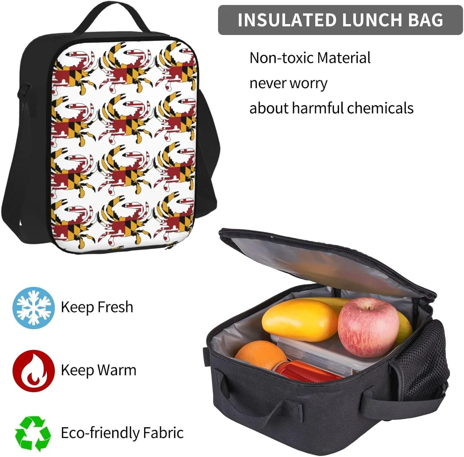 maryland flag Crab Multifunctional Pocket Backpack Crossbody Lunch Bag Pencil Case 3Pcs Set Large Capacity Backpack
