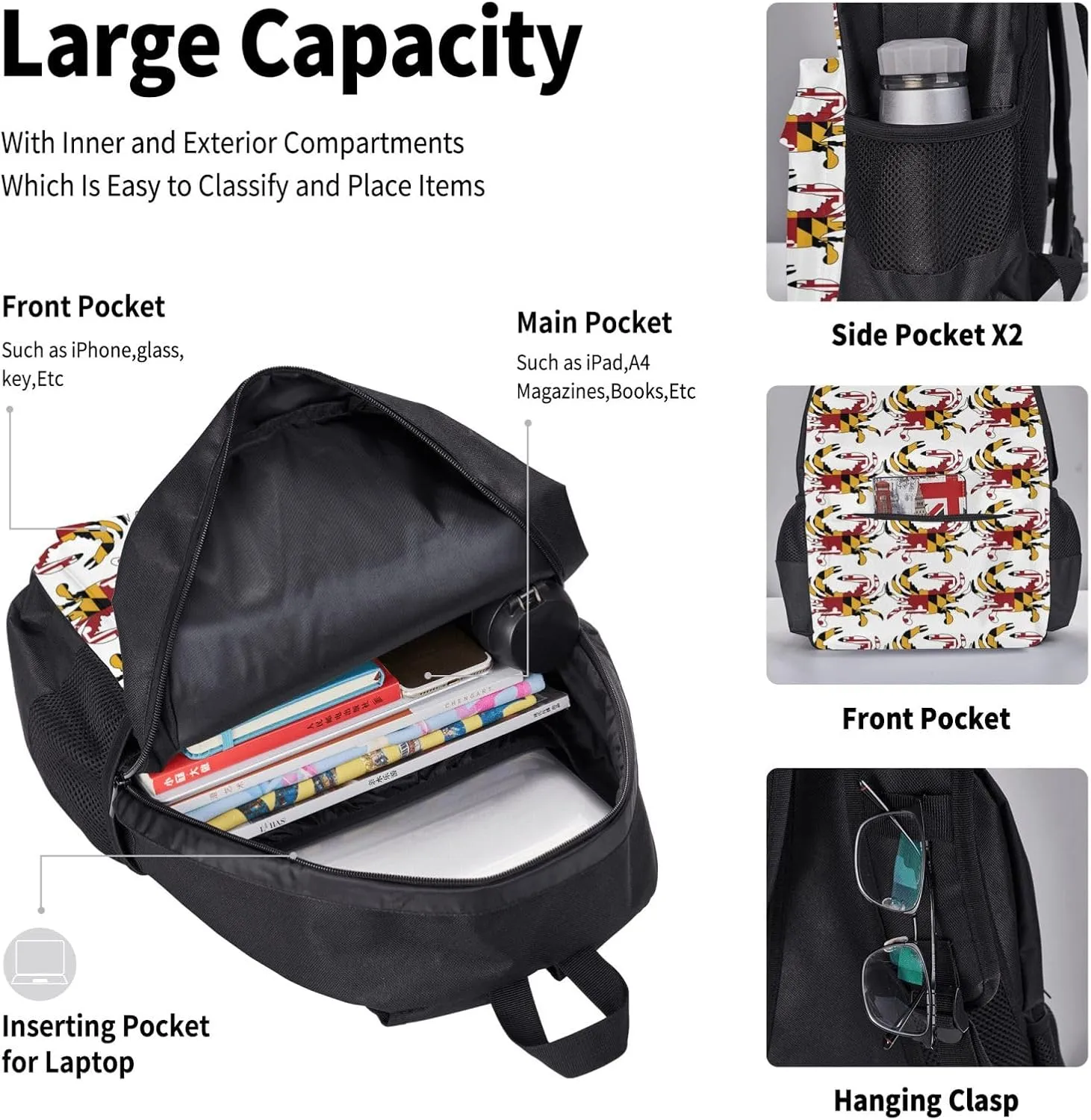 maryland flag Crab Multifunctional Pocket Backpack Crossbody Lunch Bag Pencil Case 3Pcs Set Large Capacity Backpack