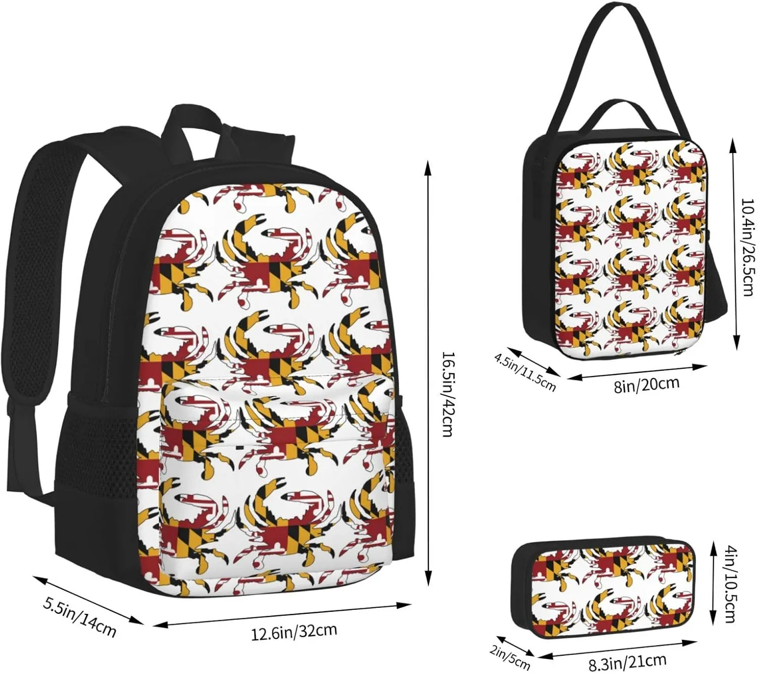 maryland flag Crab Multifunctional Pocket Backpack Crossbody Lunch Bag Pencil Case 3Pcs Set Large Capacity Backpack