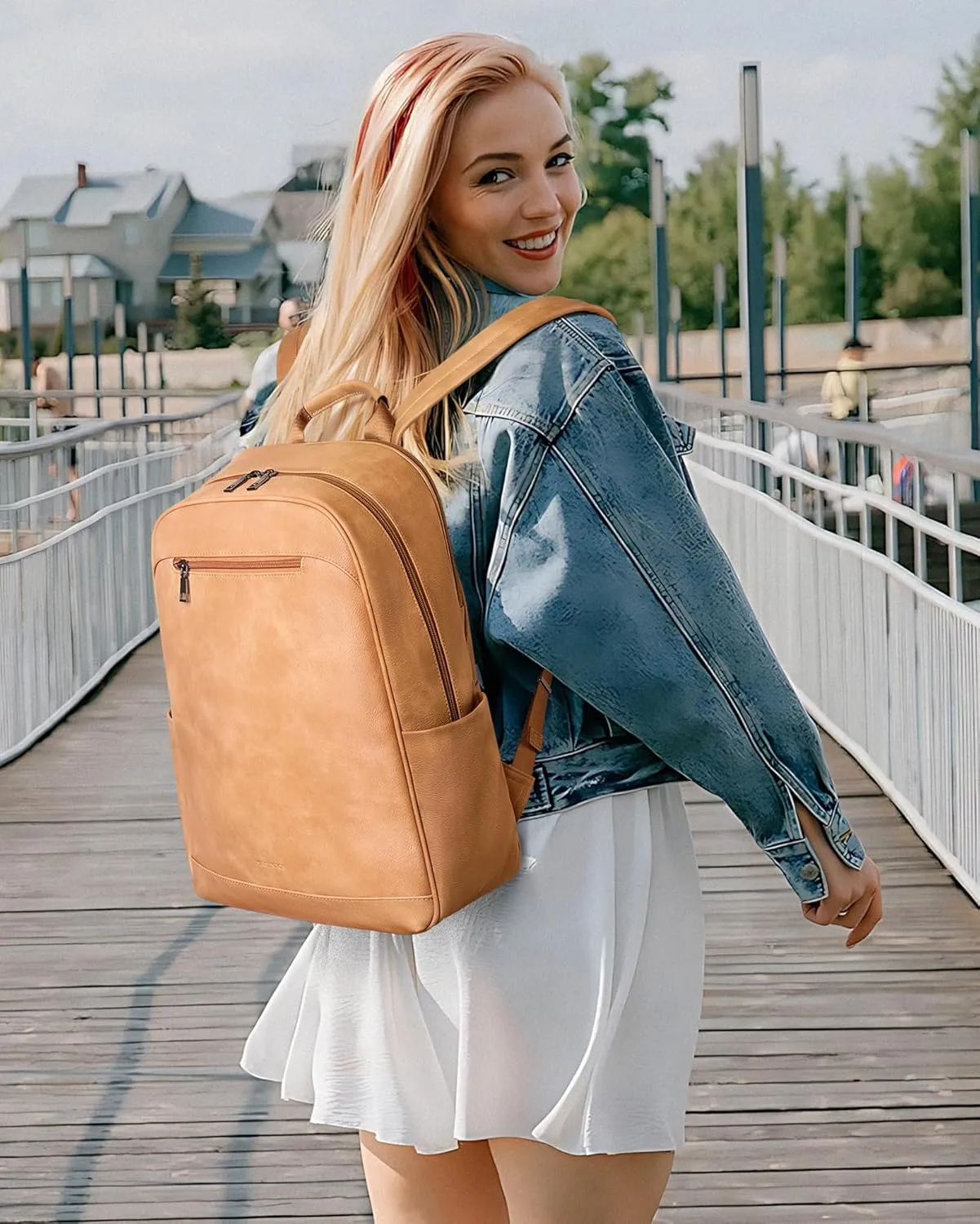 MASINTOR 15.6 inch Leather Laptop Backpack Purse for Women, Designer Travel and Work Bag with Laptop Compartment Retro Camel