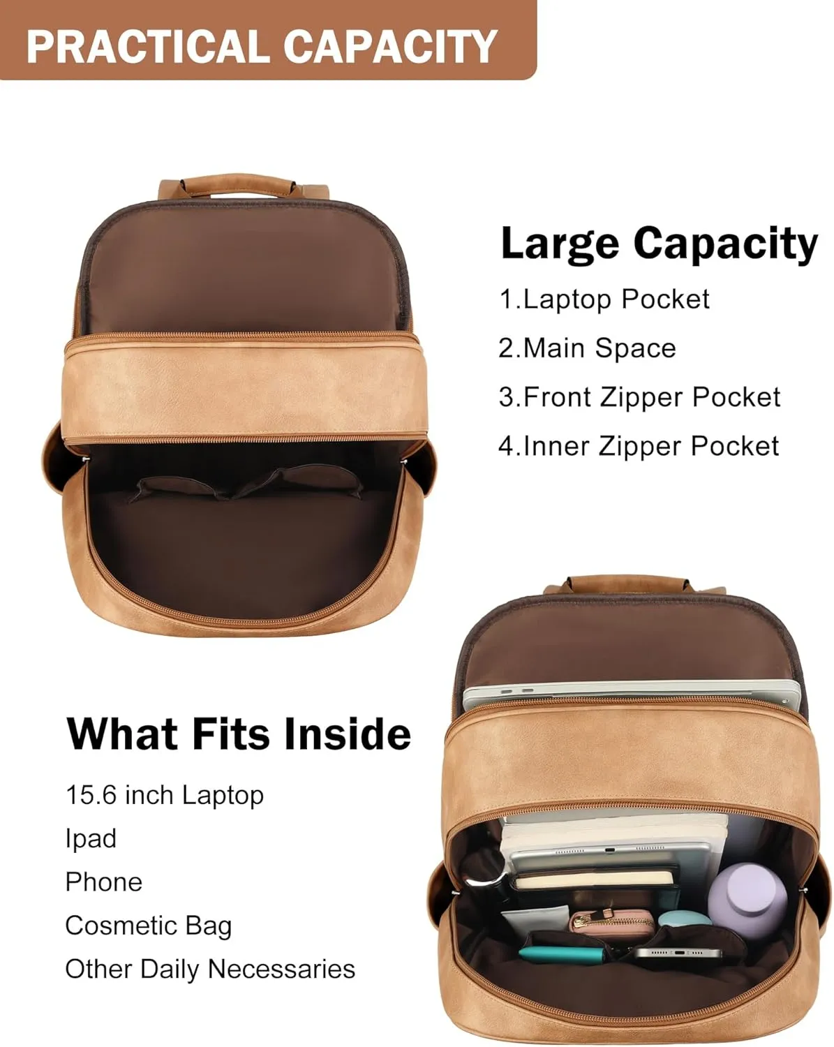 MASINTOR 15.6 inch Leather Laptop Backpack Purse for Women, Designer Travel and Work Bag with Laptop Compartment Retro Camel