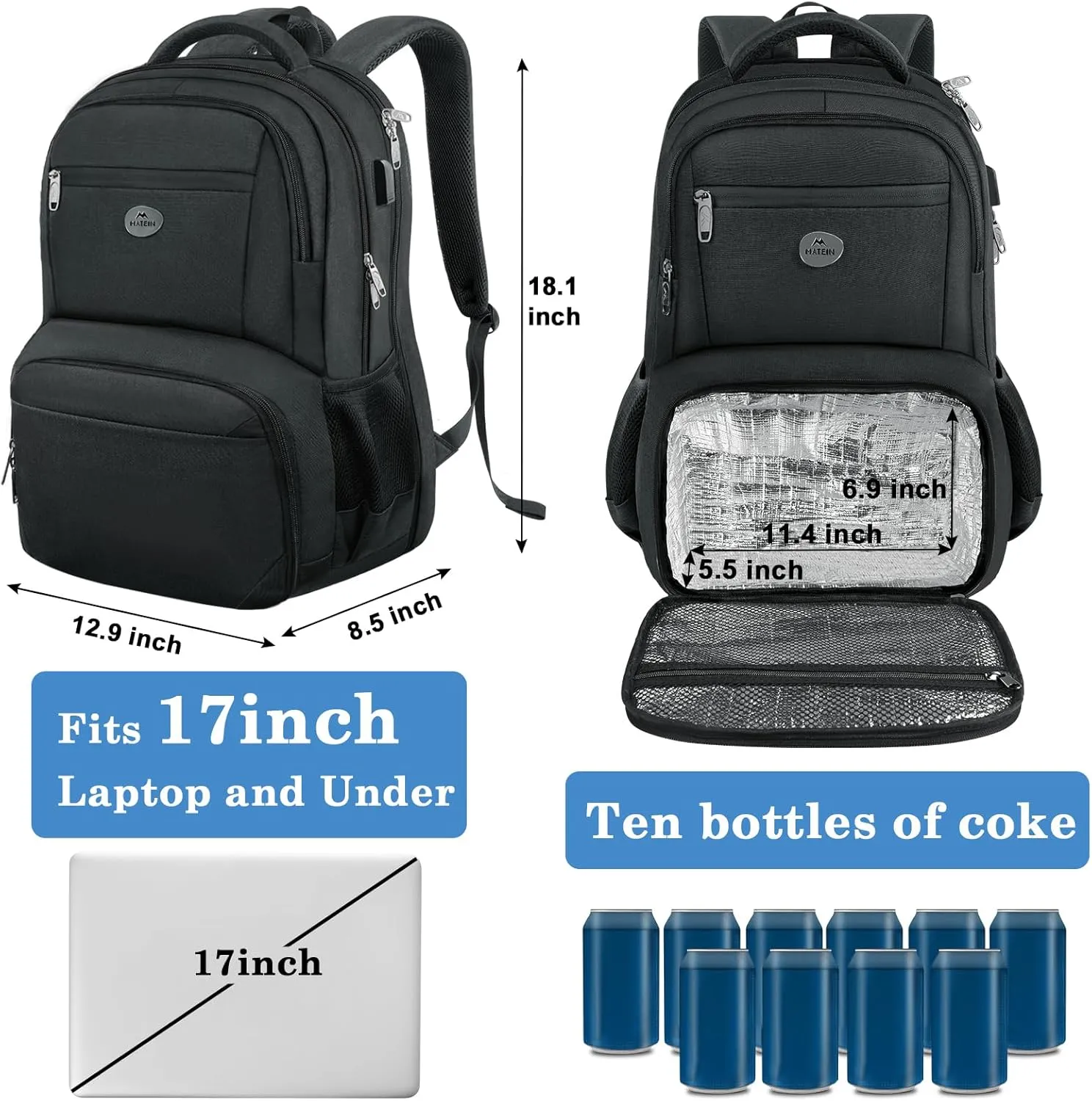 MATEIN 17 Inch Laptop Backpack, TSA Large Travel Backpack with Lunch Box, Anti-Theft Work Business Carry On with USB Port, Water Resistant Sturdy College Computer Backpack for Men Women