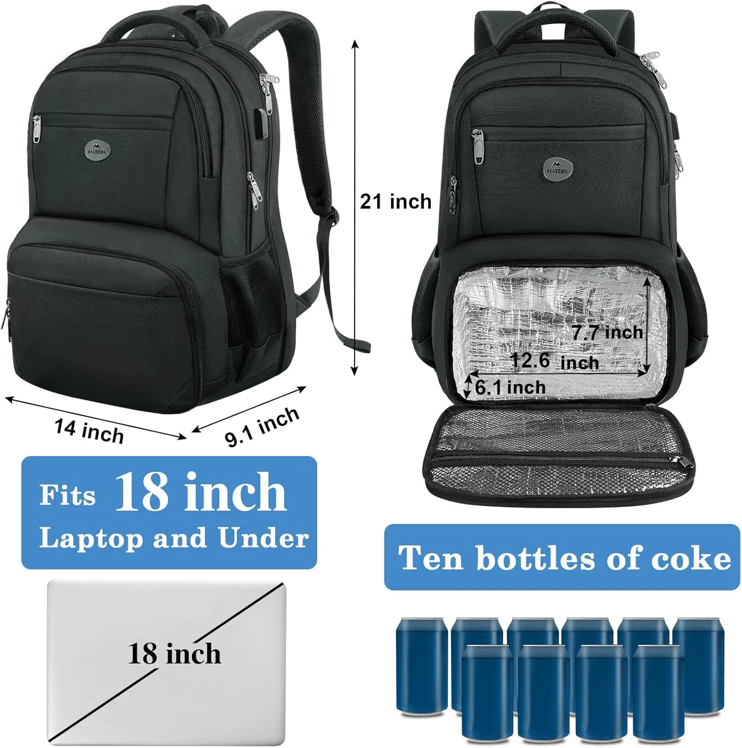 MATEIN 18 Inch Backpack for Men, Extra Large Work Backpack with Lunch Compartment, Water Resistant Insulated Cooler Computer Bag with USB Port, Sturdy Padded Carry On Laptop Daypack for College Travel