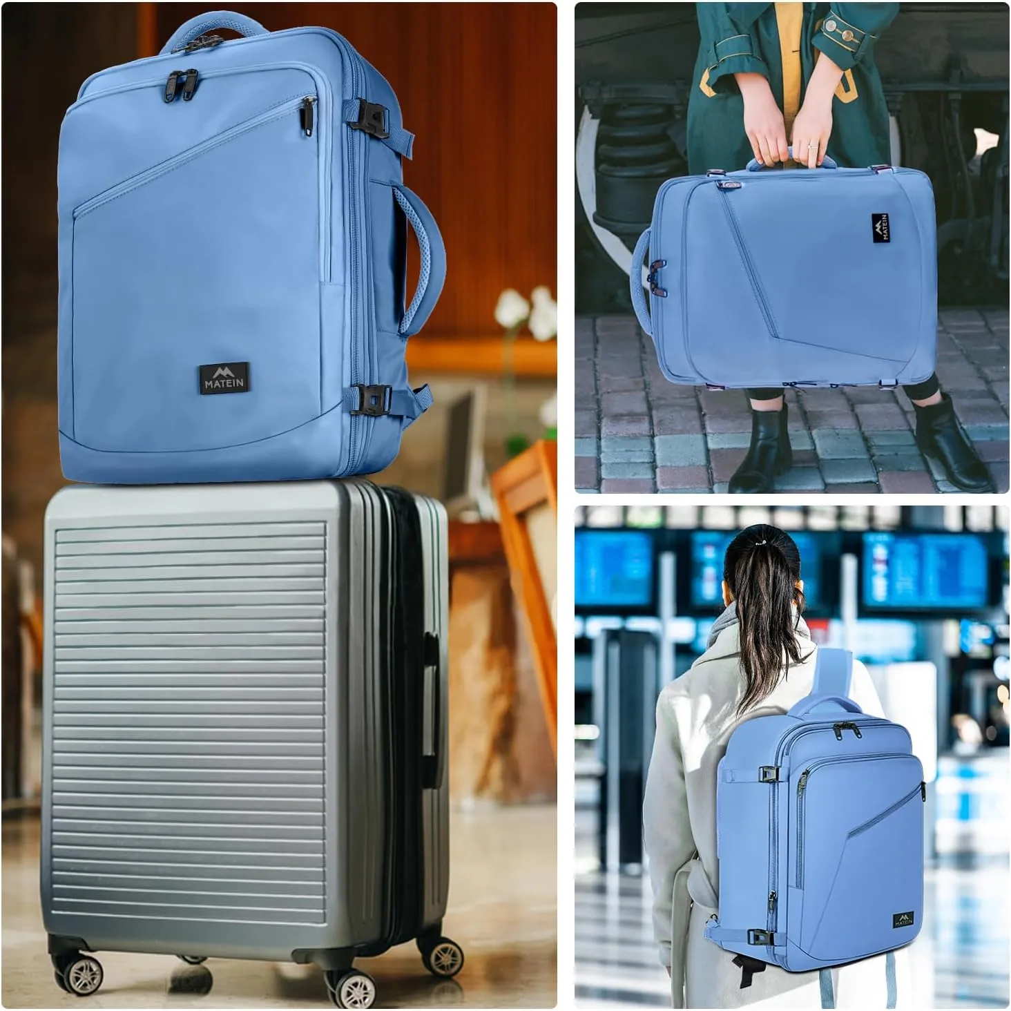MATEIN Big Backpack for Travel, Carry on Backpack for Airlines with Hide Away Shoulder Straps, Large Hiking Daypack with 2 Handles, Gifts for Traveler Women, Light Blue