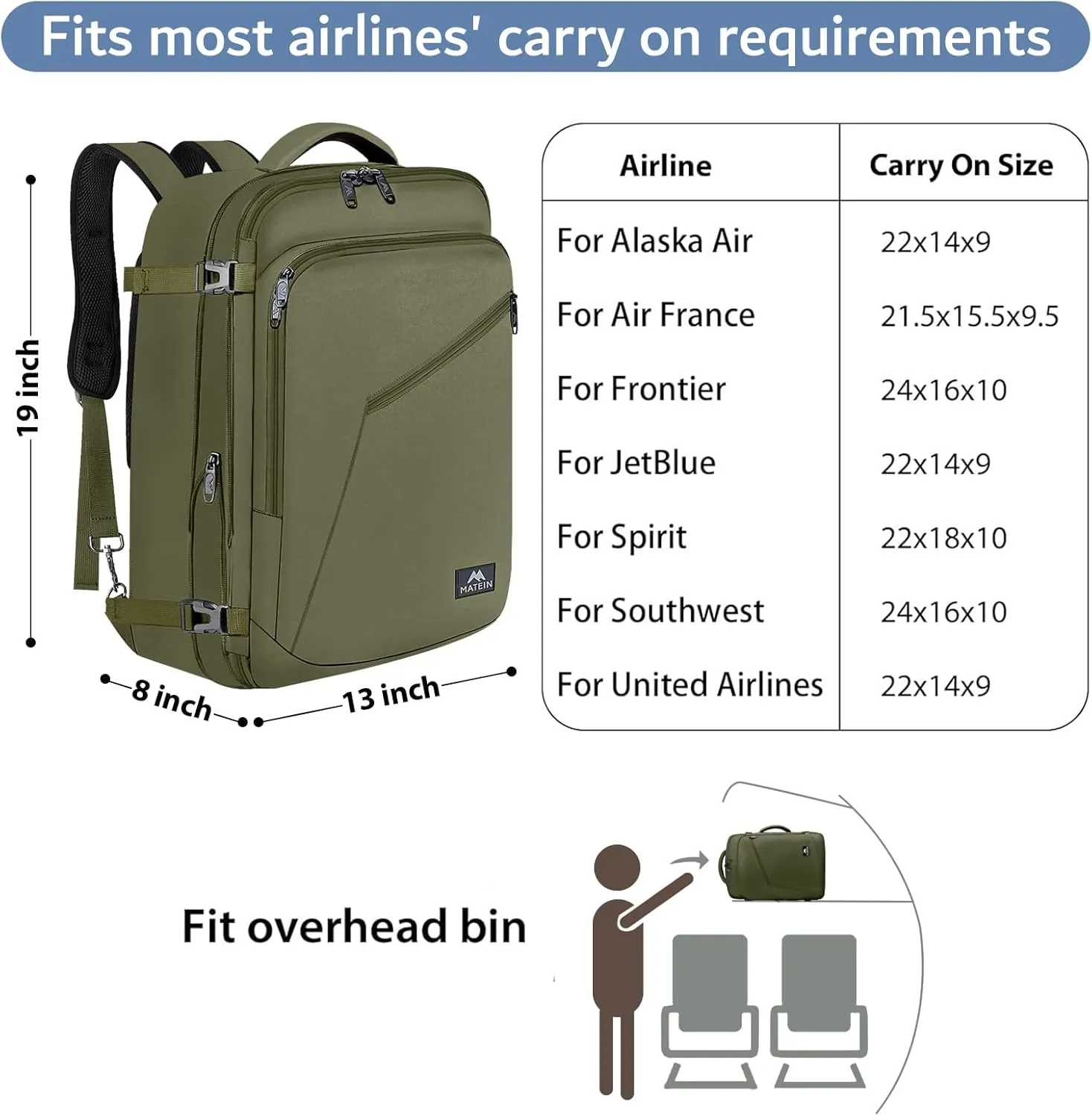 MATEIN Expandable Air Travel Backpack, Light Weight Carry on Backpack with Trolley Sleeve, Water Resistant Daypack for Hiking, Gifts for Men who Like to Travel, Dark Green