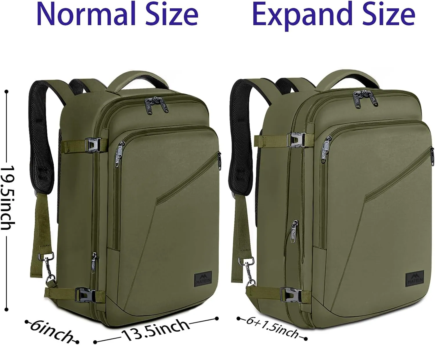 MATEIN Expandable Air Travel Backpack, Light Weight Carry on Backpack with Trolley Sleeve, Water Resistant Daypack for Hiking, Gifts for Men who Like to Travel, Dark Green