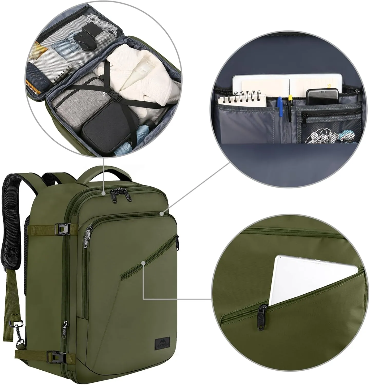 MATEIN Expandable Air Travel Backpack, Light Weight Carry on Backpack with Trolley Sleeve, Water Resistant Daypack for Hiking, Gifts for Men who Like to Travel, Dark Green