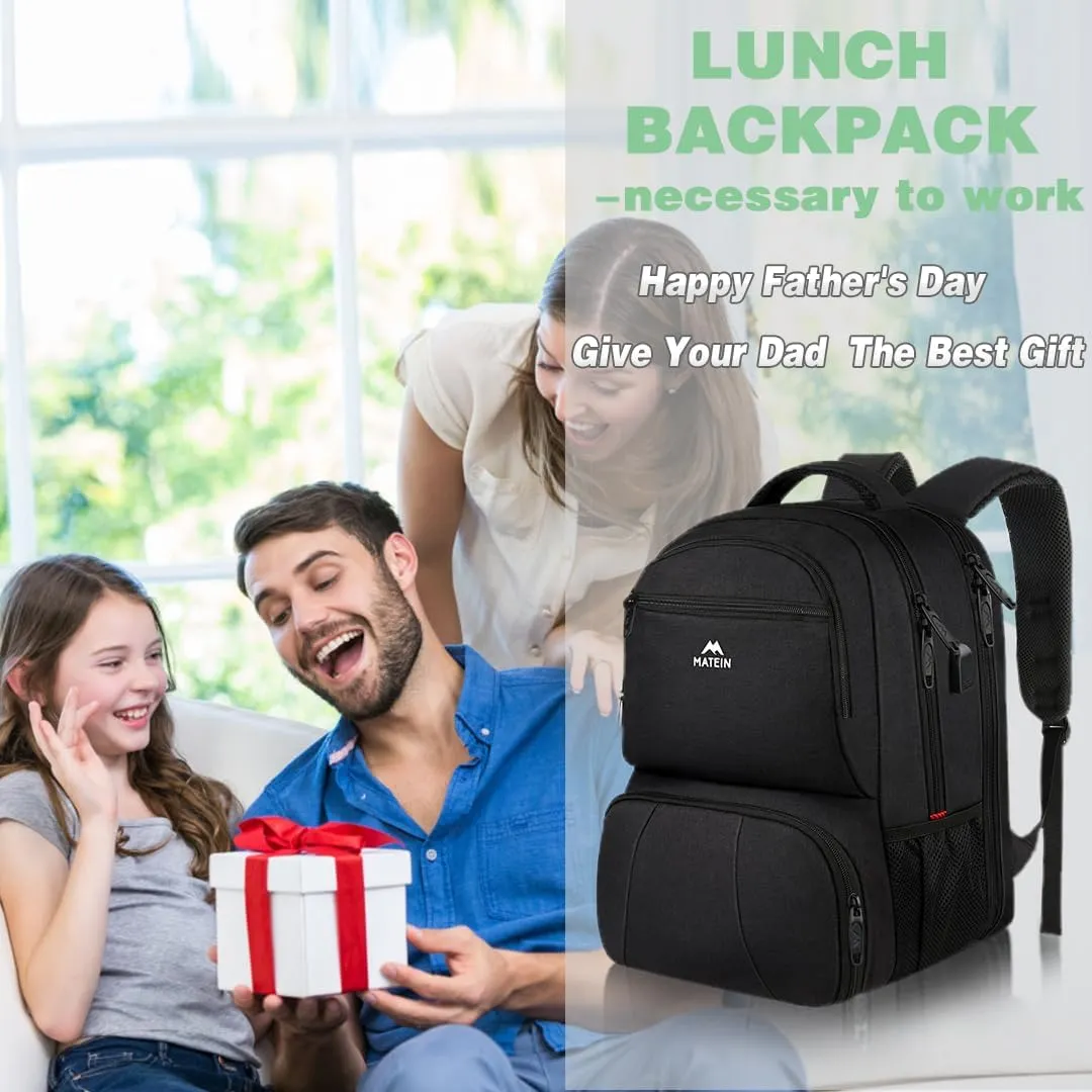MATEIN Lunch Backpack for Men, 18 Inch Large Insulated Backpack Cooler with USB Charging Port, Water Resistant Laptop Back pack with Lunch Box Bag for Work Travel Business College Picnic, Black