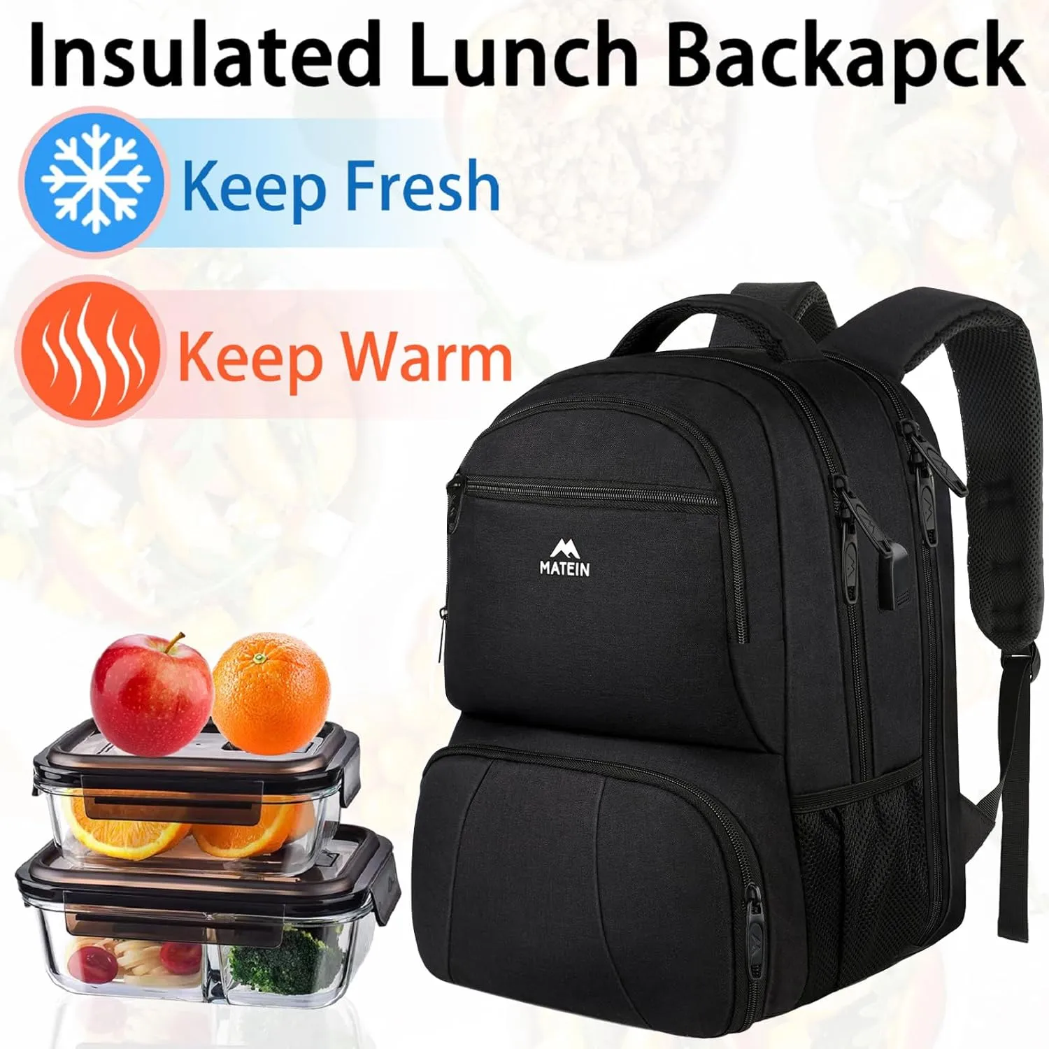 MATEIN Lunch Backpack for Men, 18 Inch Large Insulated Backpack Cooler with USB Charging Port, Water Resistant Laptop Back pack with Lunch Box Bag for Work Travel Business College Picnic, Black