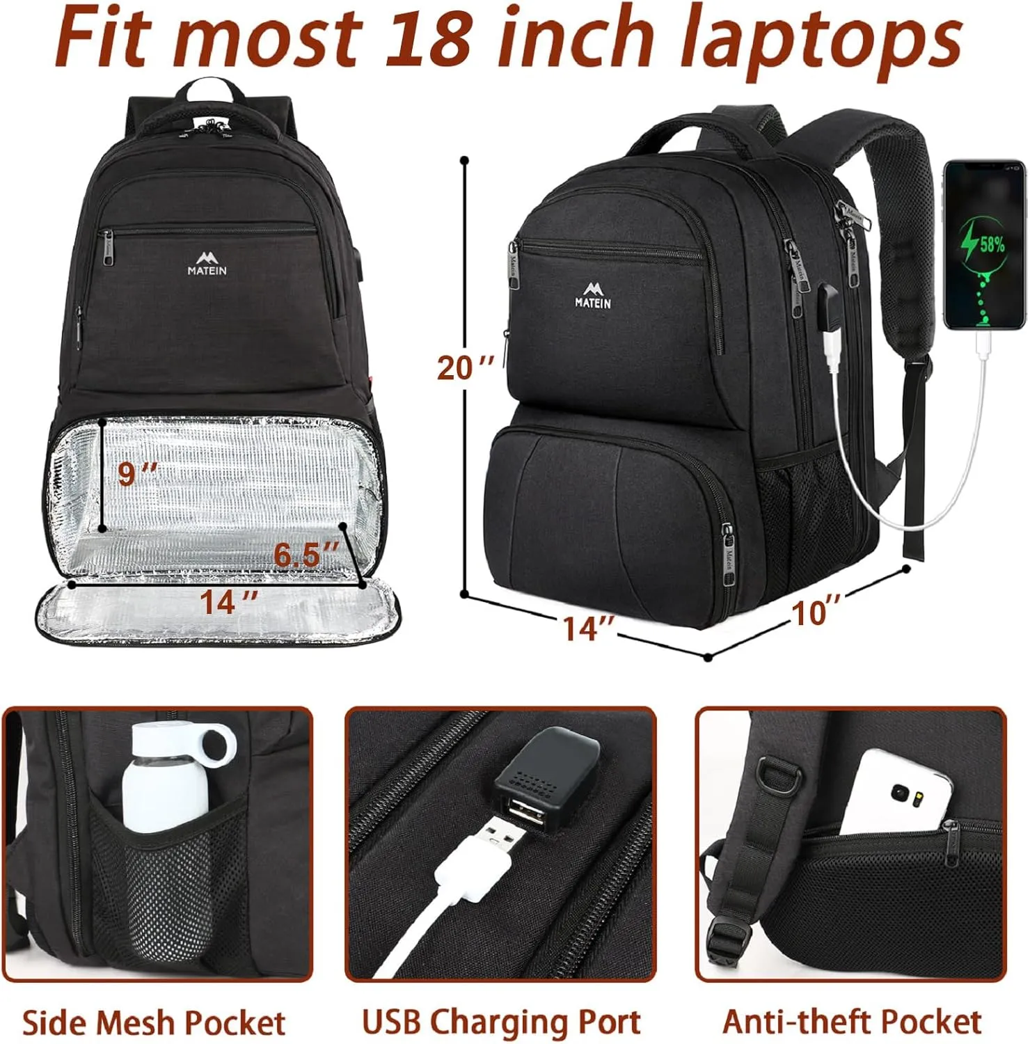 MATEIN Lunch Backpack for Men, 18 Inch Large Insulated Backpack Cooler with USB Charging Port, Water Resistant Laptop Back pack with Lunch Box Bag for Work Travel Business College Picnic, Black