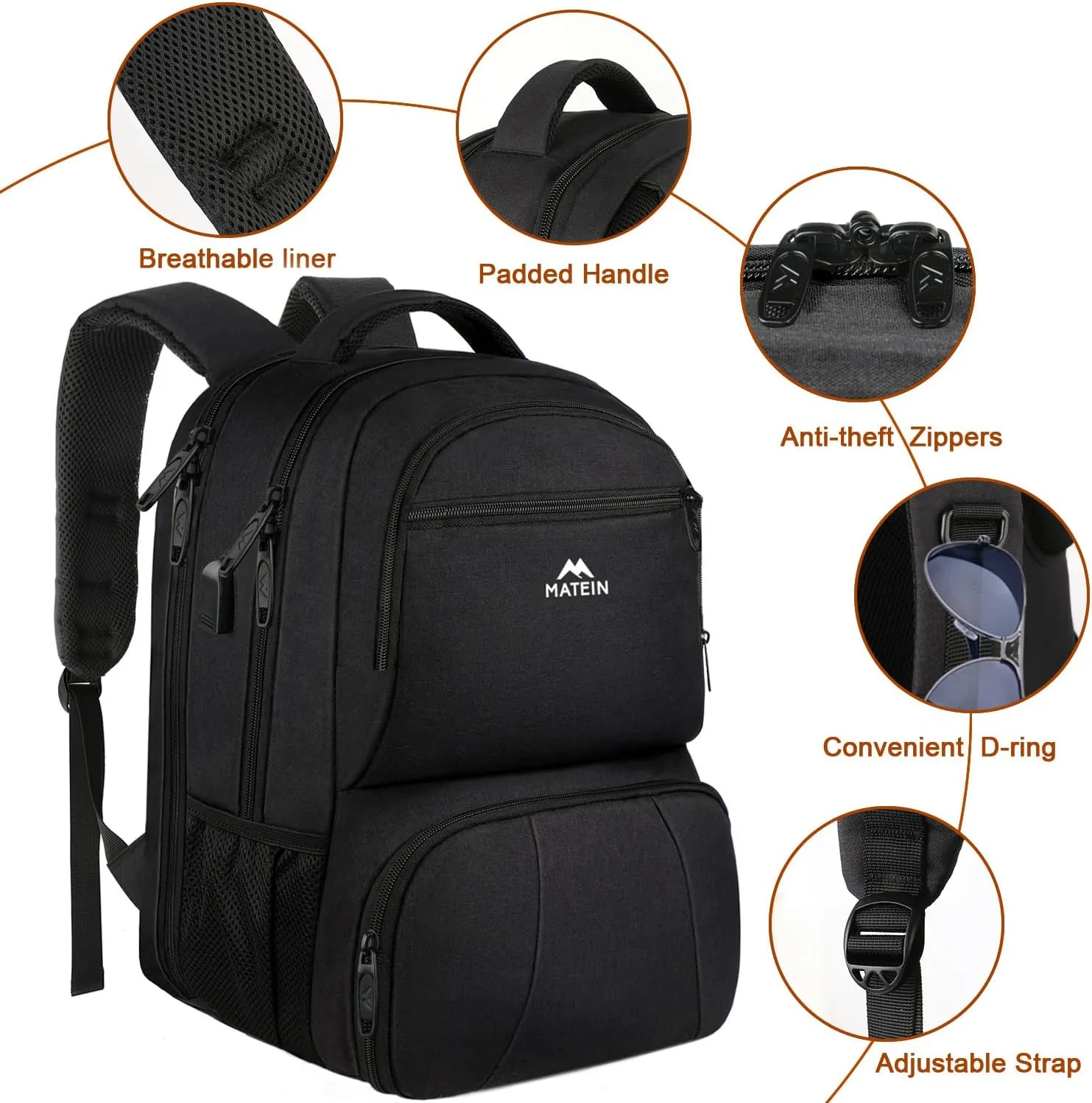 MATEIN Lunch Backpack for Men, 18 Inch Large Insulated Backpack Cooler with USB Charging Port, Water Resistant Laptop Back pack with Lunch Box Bag for Work Travel Business College Picnic, Black