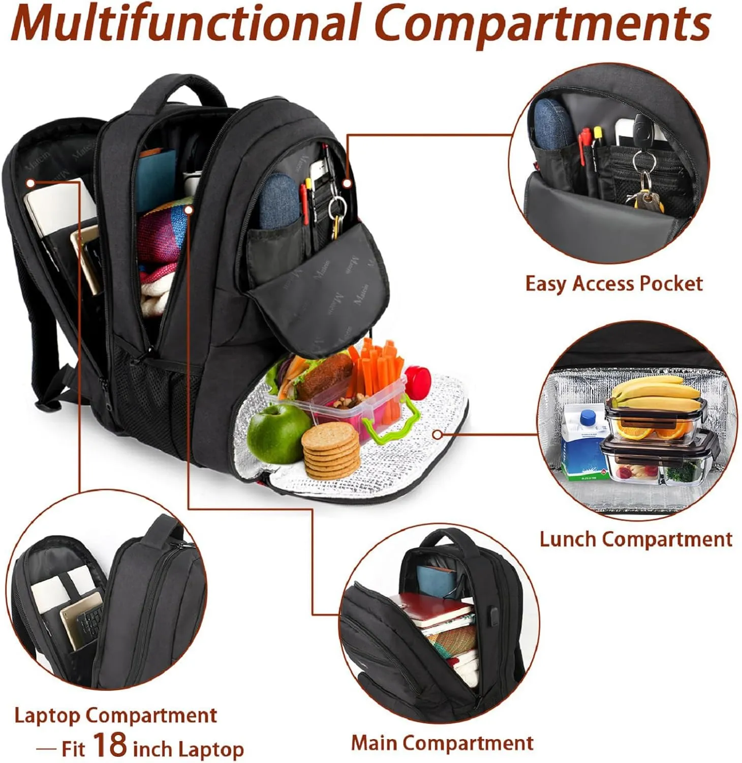 MATEIN Lunch Backpack for Men, 18 Inch Large Insulated Backpack Cooler with USB Charging Port, Water Resistant Laptop Back pack with Lunch Box Bag for Work Travel Business College Picnic, Black